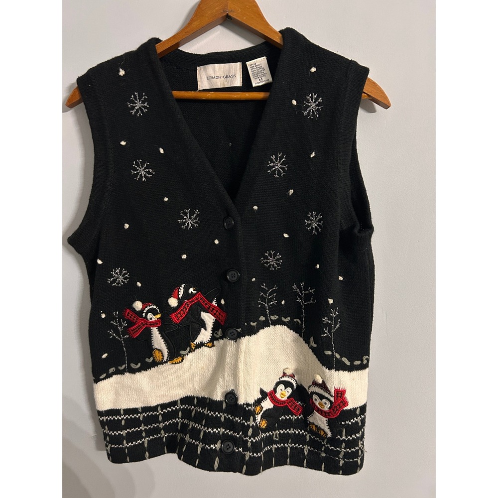 Vintage Lemon Grass Penguin Christmas Sweater Vest Black Knit Womens Medium